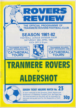 Tranmere Rovers v Aldershot Match Programme 1982-04-24